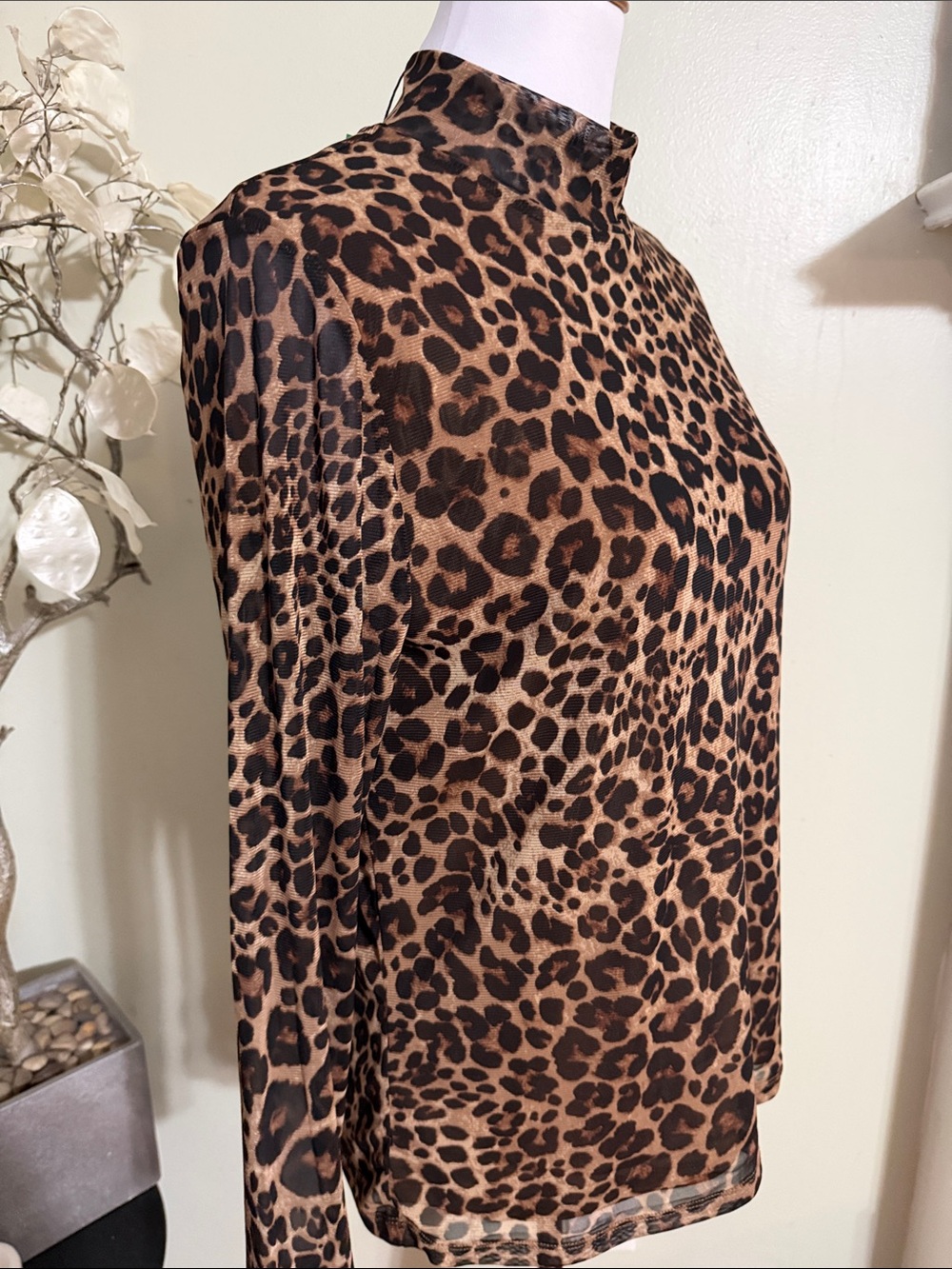 Anne Klein Leopard Print Mock Neck Top - Brown/Black - Picture 3 of 6